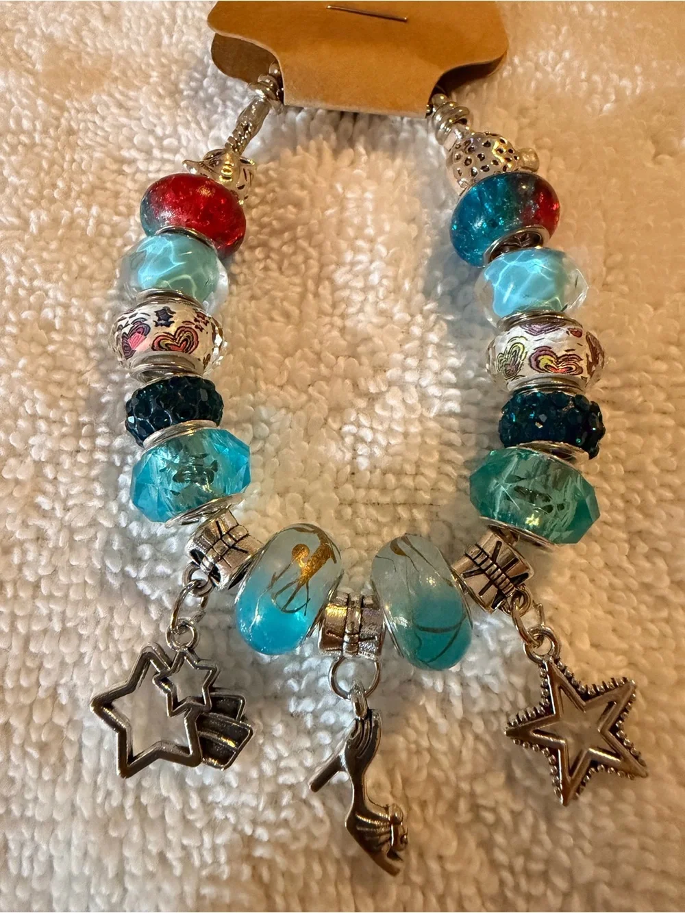 Handmade Turquoise & Red Glass Charm Bracelet with Star & Shoe Charms